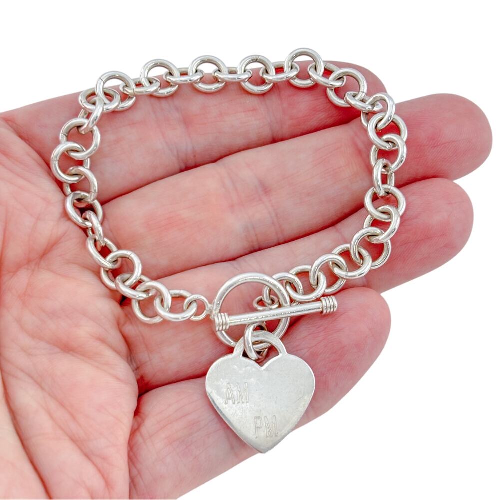 Vintage Sterling Silver 925 Chunky Toggle Bracelet Heart Tag Charm 7.25 Inch